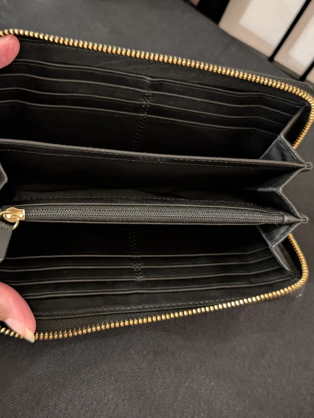 Coach Black Leather Zip Around Continental Wallet Gold